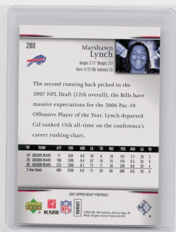 2007 Upper Deck Marshawn Lynch Rookie Exclusives Star Rookies #280 Bills - Image 3