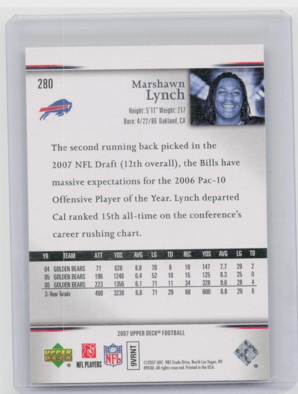 2007 Upper Deck Marshawn Lynch Rookie Exclusives Star Rookies #280 Bills - Image 3