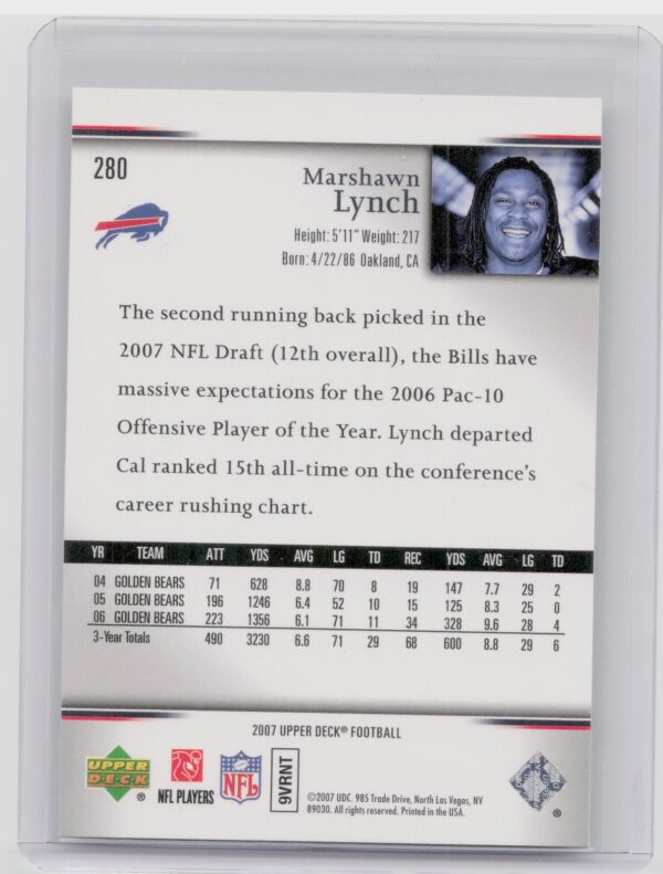 2007 Upper Deck Marshawn Lynch Rookie Exclusives Star Rookies #280 Bills - Image 3