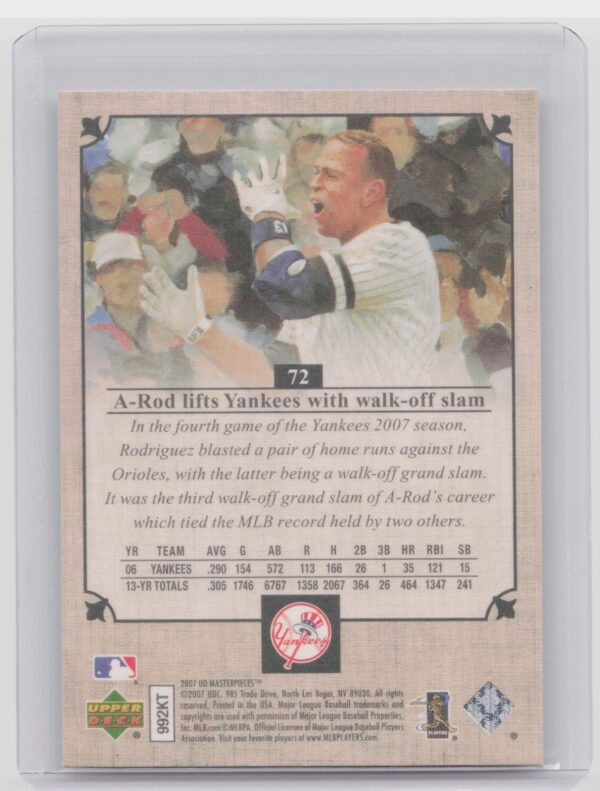 2007 Upper Deck Masterpieces Alex Rodriguez #72 Yankees - Image 3