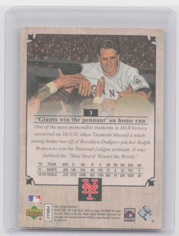 2007 Upper Deck Masterpieces Bobby Thomson #3 Giants - Image 3