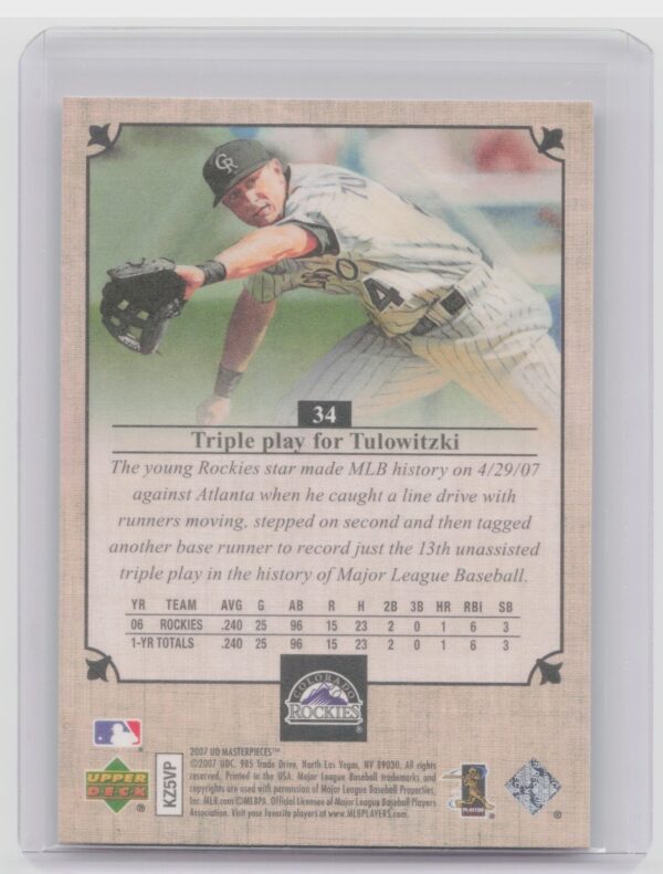 2007 Upper Deck Masterpieces Troy Tulowitzki #34 Rockies - Image 3