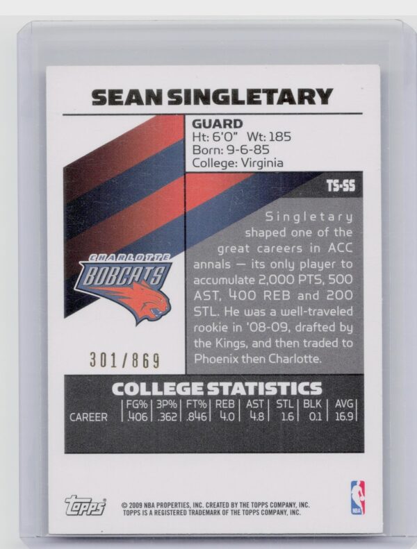 2008-09 Topps Signature Sean Singletary SN869 #TS-SS Bobcats Facsimile Red - Image 3