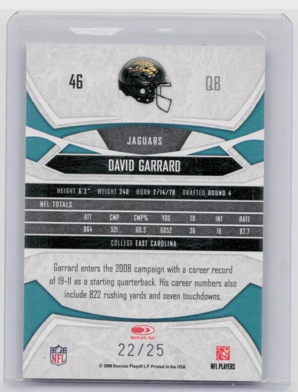 2008 Donruss Gridiron Gear David Garrard Platinum Holofoil O's /25 #46 Jaguars - Image 3
