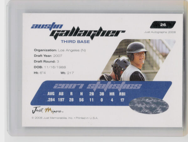 2008 Just Autographs Austin Gallagher AU #26 Dodgers Signatures - Image 3