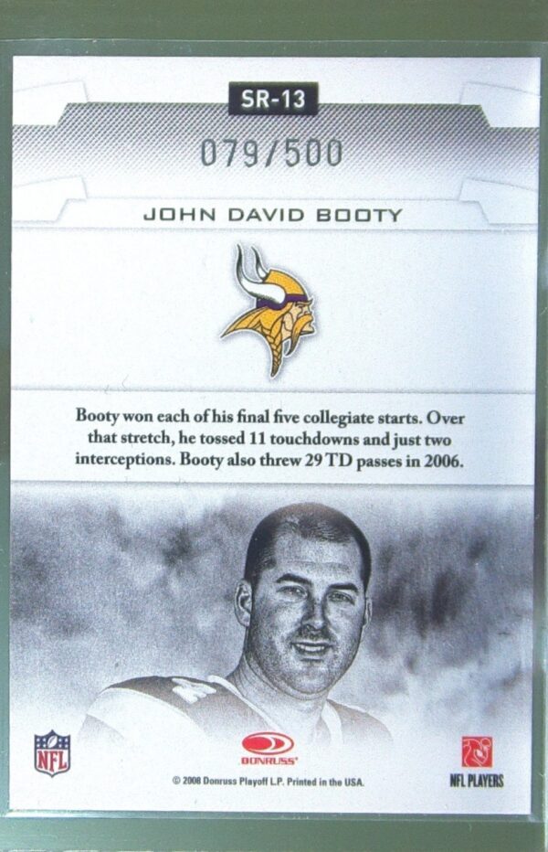 2008 Leaf Rookies & Stars John David Booty /500 RC #SR-13 Vikings Studio Rookies - Image 3