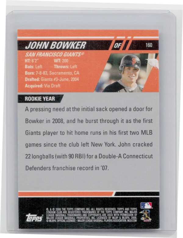 2008 Stadium Club John Bowker AU RC #160 Giants - Image 3