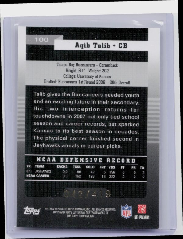 2008 Topps Letterman Aqib Talib /419 RC #100 Buccaneers - Image 3