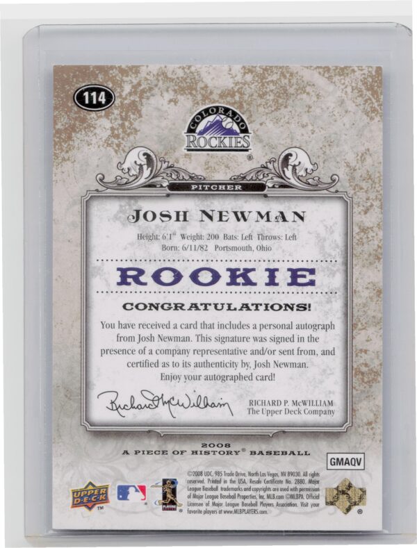 2008 Upper Deck A Piece of History Josh Newman AU SN75 #114 Rockies Rookie Autog - Image 3