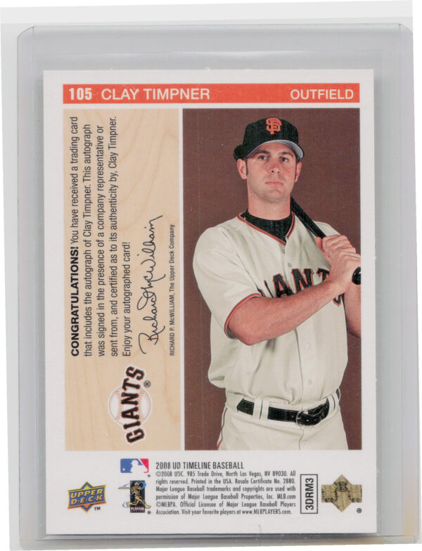 2008 Upper Deck Timeline Clay Timpner AU #105 Giants 1992 UD Minor League Autogr - Image 3