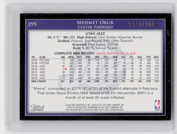 2009-10 Topps Mehmet Okur Gold /2009 #295 Jazz - Image 3