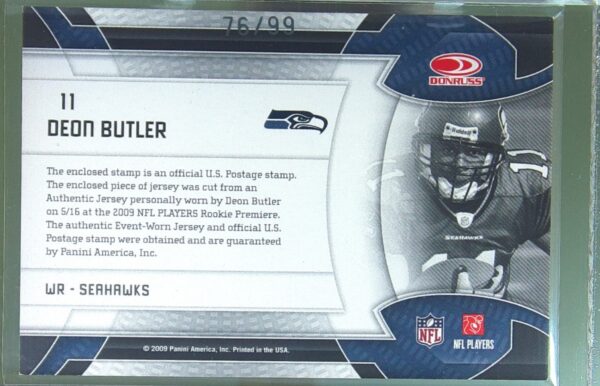 2009 Donruss Certified Deon Butler /99 JSY #11 Seahawks Souvenir Stamps Material - Image 3