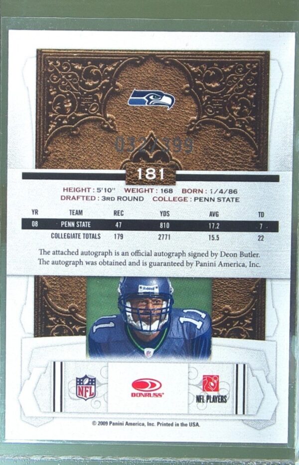 2009 Donruss Classics Deon Butler Auto /399 RC #181 Seahawks - Image 3