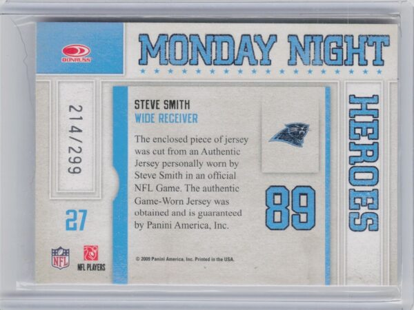 2009 Donruss Classics Steve Smith #27 Panthers Monday Night Heroes Jerseys - Image 3