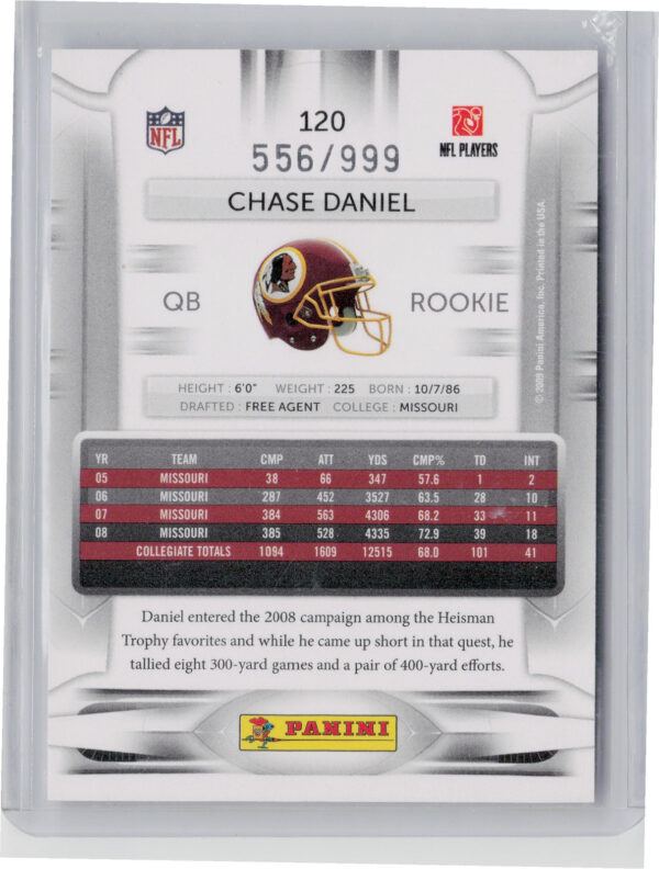 2009 Playoff Prestige Chase Daniel SN999 #120 Redskins Draft Picks Light Blue - Image 3