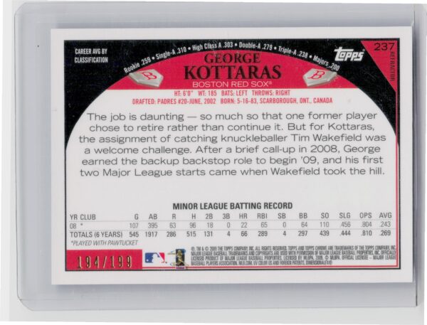 2009 Topps Chrome George Kottaras Blue Refractors AU SN199 #237 Sox - Image 3