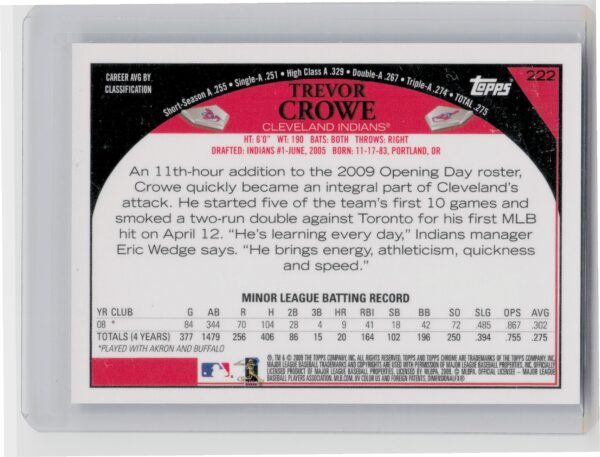 2009 Topps Chrome Trevor Crowe AU #222 Indians - Image 3