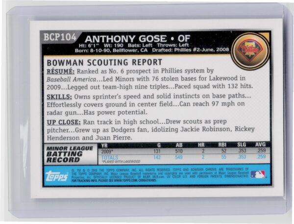 2010 Bowman Anthony Gose AU #BCP104 Phillies Chrome Prospects Autographs - Image 3