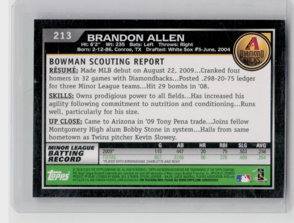 2010 Bowman Chrome Brandon Allen AU #213 Diamondbacks - Image 3