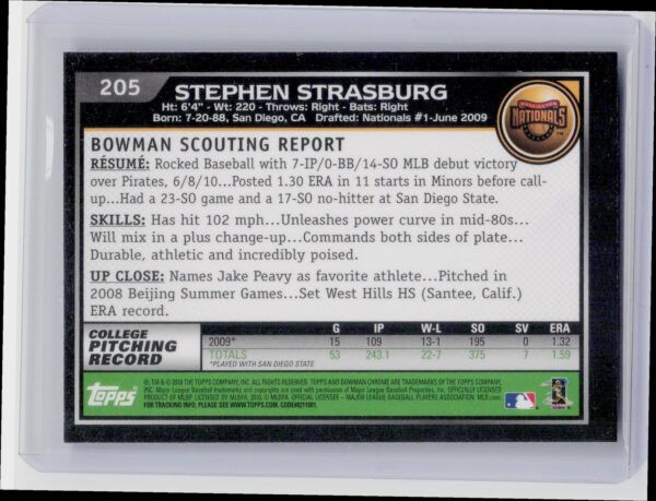 2010 Bowman Chrome Stephen Strasburg RC #205 Nationals - Image 3