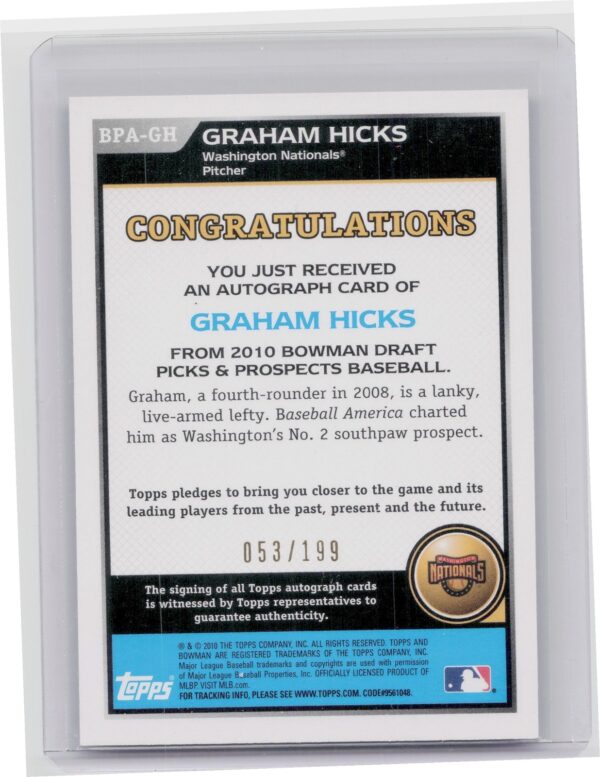 2010 Bowman Draft Picks & Prospects Graham Hicks AU SN199 #BPA-GH Nationals Pros - Image 3