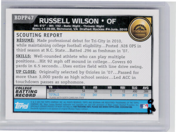2010 Bowman Draft Picks & Prospects Russell Wilson #BDPP47 Rockies Prospects - Image 3