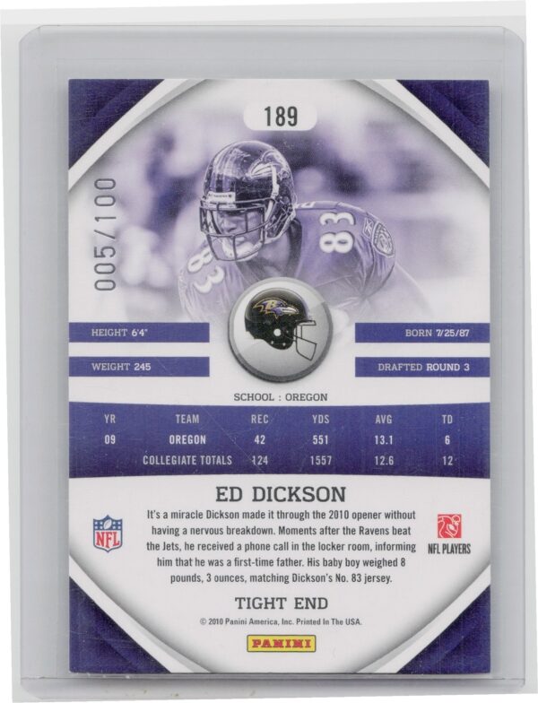 2010 Panini Gridiron Gear Ed Dickson Gold O's SN100 #189 Ravens - Image 3