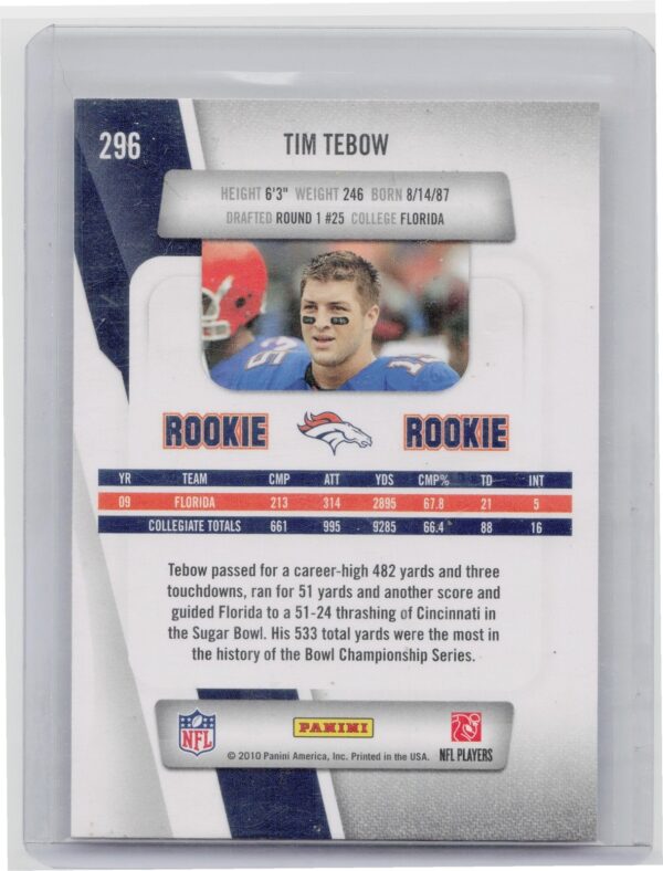 2010 Panini Prestige Tim Tebow RC #296 Broncos - Image 3