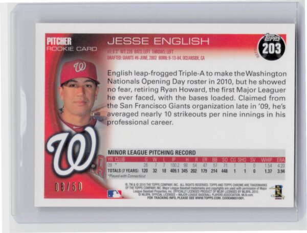 2010 Topps Chrome Jesse English Gold Refractors SN50 #203 Nationals - Image 3