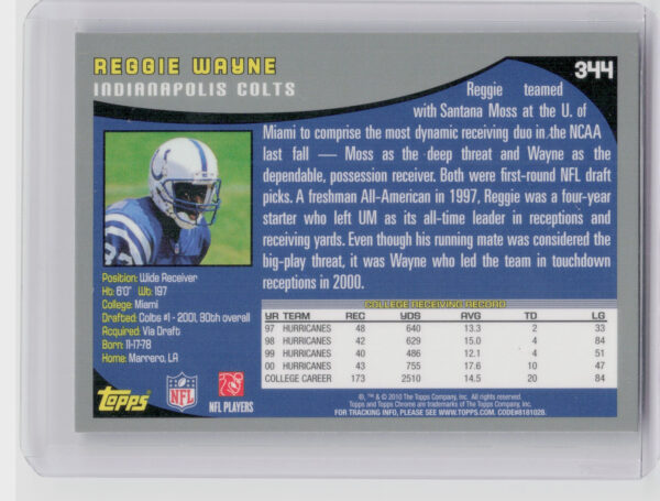 2010 Topps Chrome Reggie Wayne #344 Colts Anniversary Reprints - Image 3