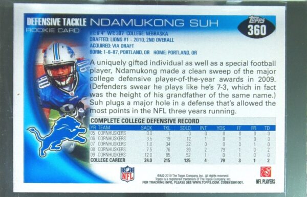 2010 Topps Ndamukong Suh RC #360 Lions - Image 3