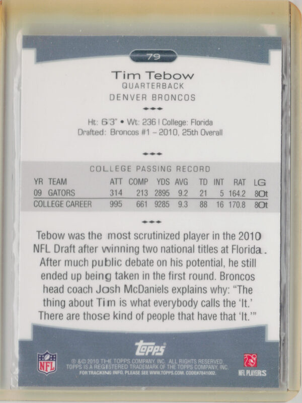 2010 Topps Platinum Tim Tebow RC #79 Broncos - Image 3