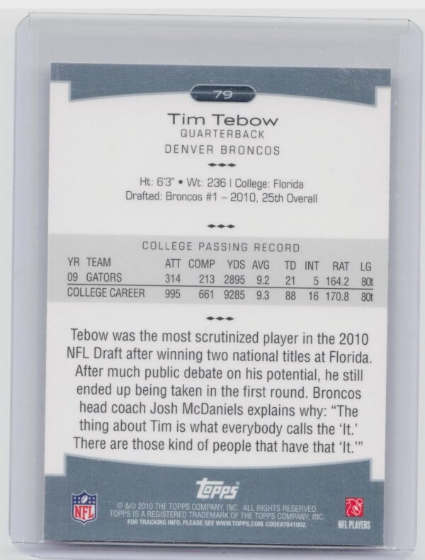 2010 Topps Platinum Tim Tebow RC #79 Broncos - Image 3