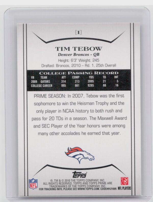 2010 Topps Prime Tim Tebow Retail RC #1 Broncos - Image 3