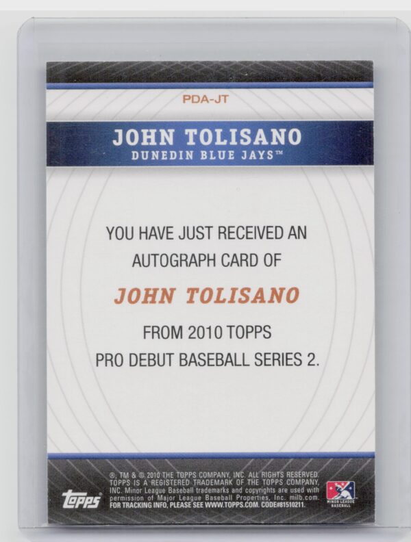 2010 Topps Pro Debut John Tolisano AU #PDA-JT Jays Prospect Autographs - Image 3