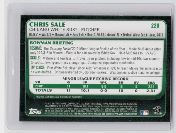 2011 Bowman Chris Sale Gold #220 Sox - Image 3