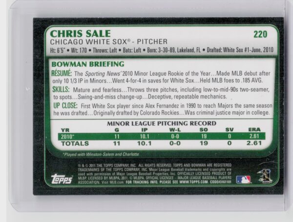 2011 Bowman Chris Sale RC #220 Sox - Image 3