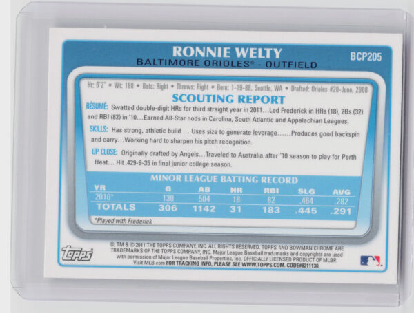 2011 Bowman Chrome Ronnie Welty #BCP205 Orioles Prospects - Image 3