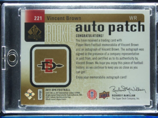 2011 SP Authentic Vincent Brown AU SN699 MEM #221 Aztecs - Image 3