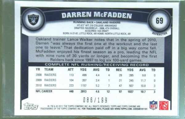 2011 Topps Chrome Darren McFadden Blue Refractors /199 #69 Raiders - Image 3
