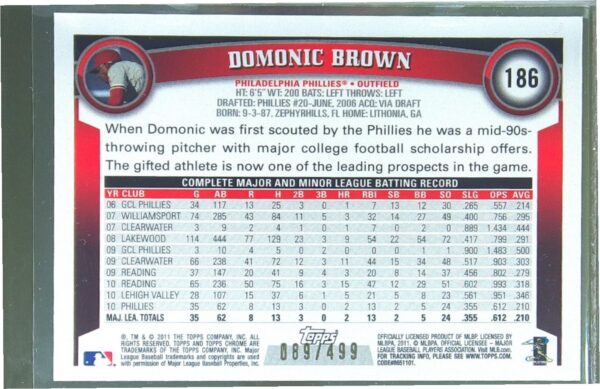 2011 Topps Chrome Domonic Brown Purple Refractors /499 RC #186 Phillies - Image 3