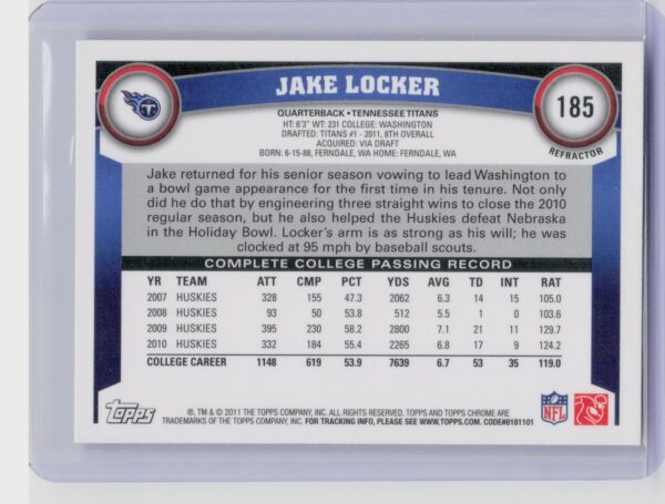 2011 Topps Chrome Jake Locker Xfractors #185 Titans - Image 3