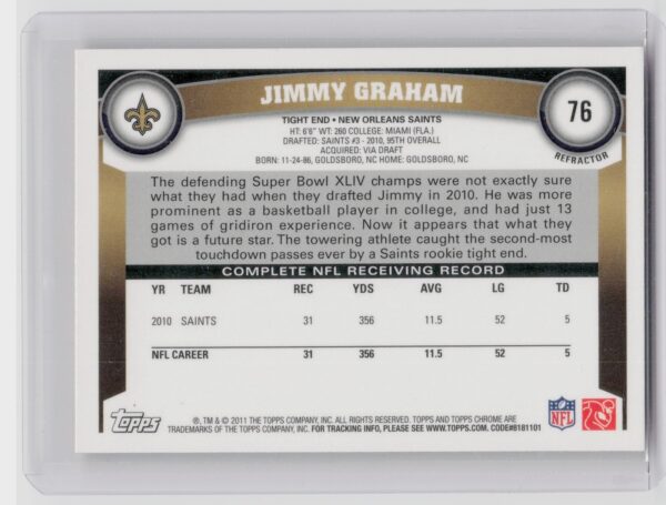 2011 Topps Chrome Jimmy Graham Orange Refractors #76 Saints - Image 3
