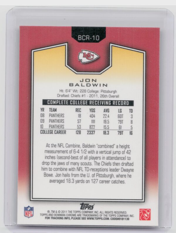 2011 Topps Chrome Jon Baldwin #BCR-10 Chiefs Bowman Chrome Rookies - Image 3