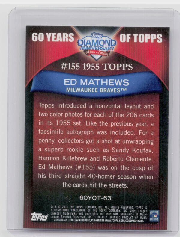 2011 Topps Eddie Mathews #60YOT-63 Braves 60 Years of Topps - Image 3