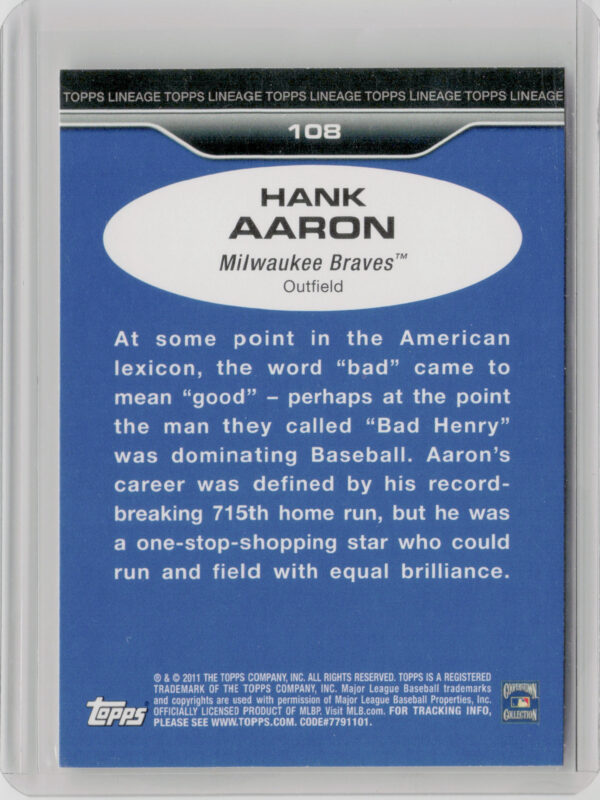 2011 Topps Lineage Hank Aaron #108 Braves - Image 3