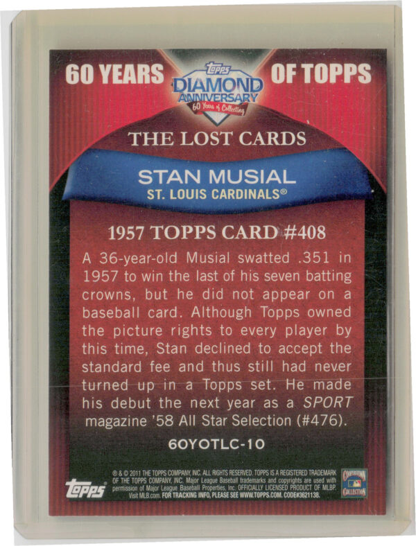 2011 Topps Stan Musial #408 Cardinals 60 Years of Topps: The Lost Cards Original - Image 3