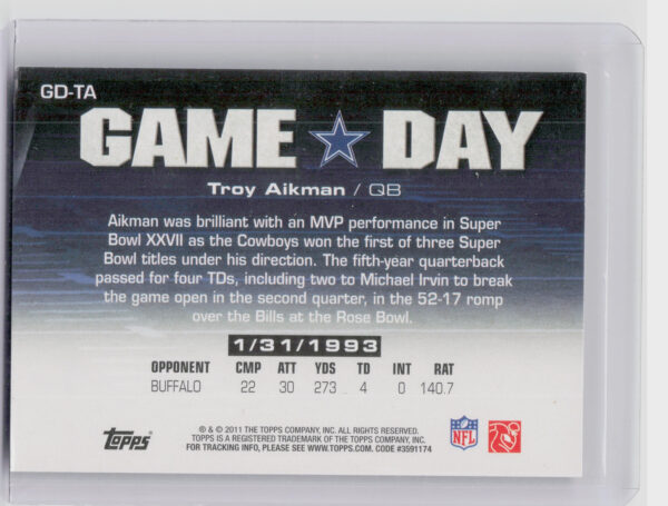 2011 Topps Troy Aikman #GD-TA Cowboys Game Day - Image 3