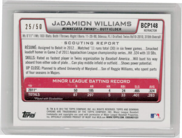 2012 Bowman Chrome JaDamion Williams SN50 #BCP148 Twins Prospects Gold Refractor - Image 3