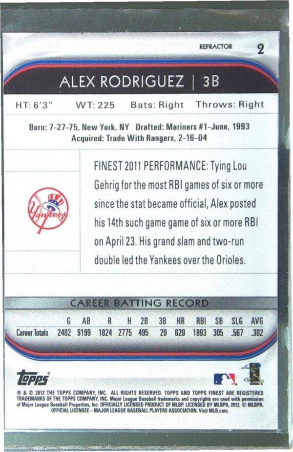 2012 Finest Alex Rodriguez Refractors #2 Yankees - Image 3